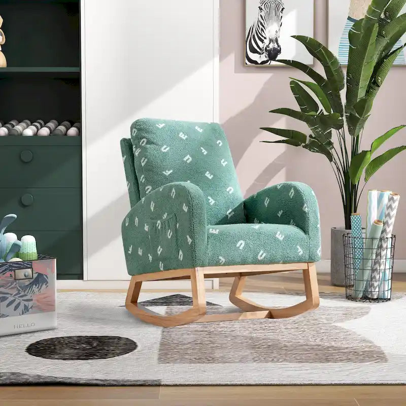 Modern Upholstered Rocker Armchair With Side Pocket, High Back Wooden Nursery Chair