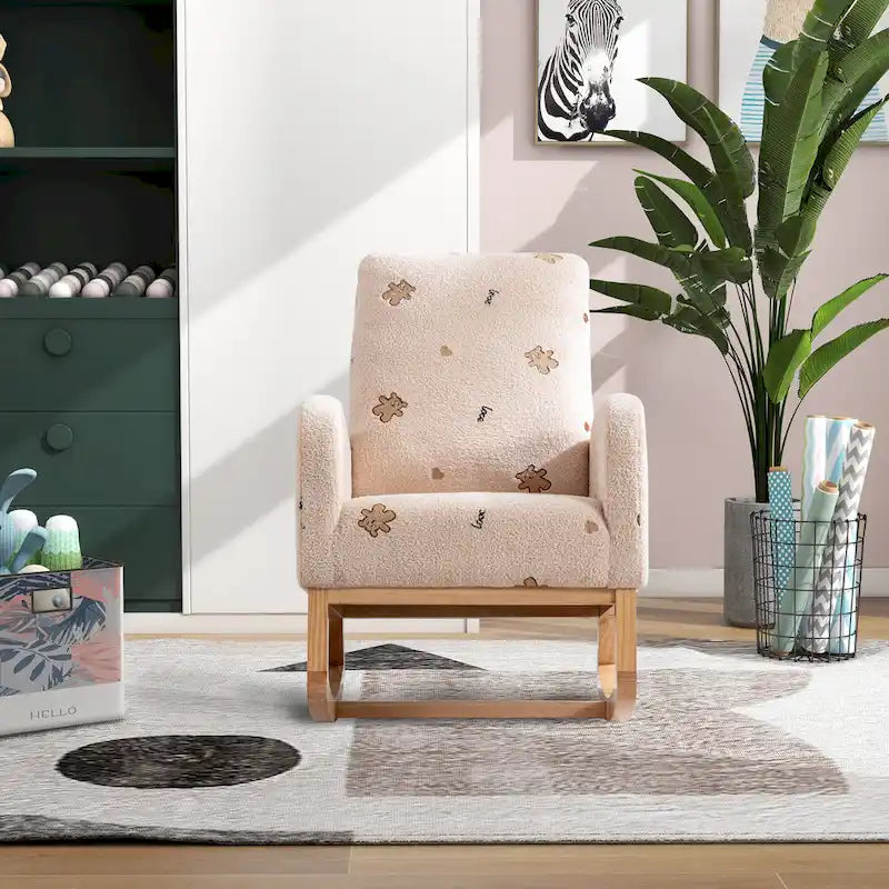 Modern Upholstered Rocker Armchair With Side Pocket, High Back Wooden Nursery Chair