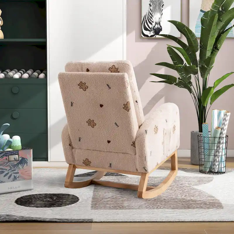 Modern Upholstered Rocker Armchair With Side Pocket, High Back Wooden Nursery Chair