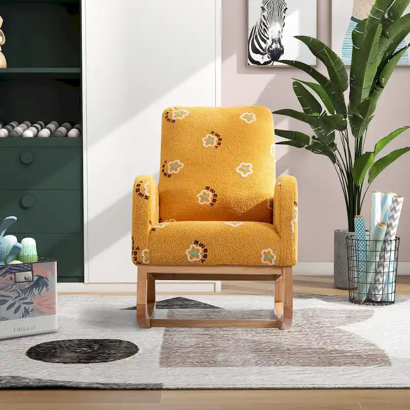 Modern Upholstered Rocker Armchair With Side Pocket, High Back Wooden Nursery Chair
