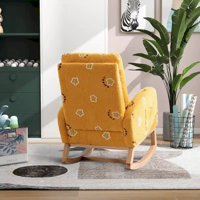 Modern Upholstered Rocker Armchair With Side Pocket, High Back Wooden Nursery Chair