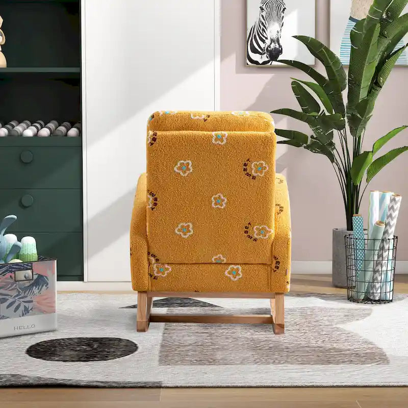 Modern Upholstered Rocker Armchair With Side Pocket, High Back Wooden Nursery Chair