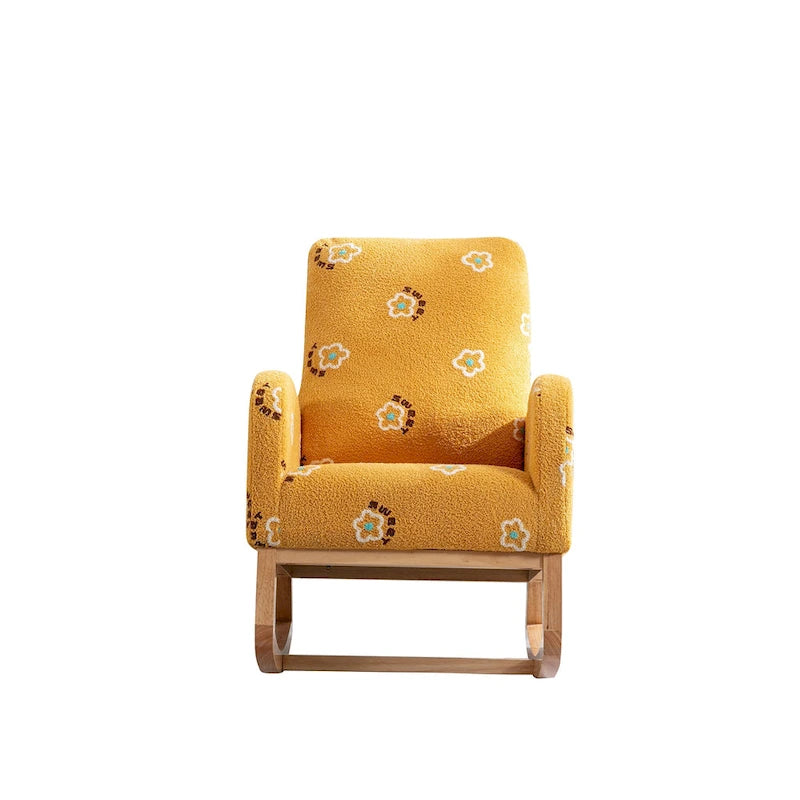Modern Upholstered Rocker Armchair With Side Pocket, High Back Wooden Nursery Chair