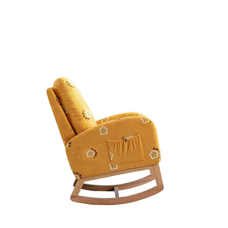 Modern Upholstered Rocker Armchair With Side Pocket, High Back Wooden Nursery Chair