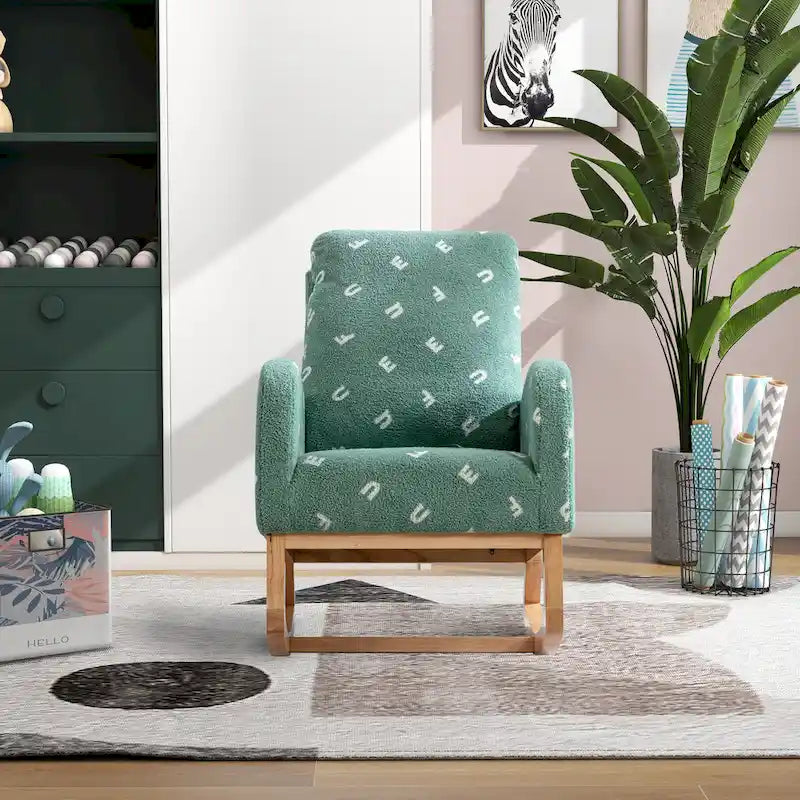 Modern Upholstered Rocker Armchair With Side Pocket, High Back Wooden Nursery Chair