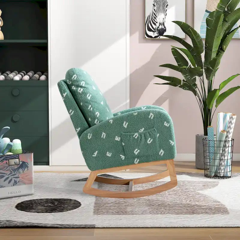 Modern Upholstered Rocker Armchair With Side Pocket, High Back Wooden Nursery Chair