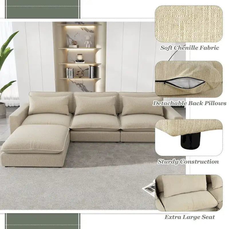 128inch Sectional Sofa Cloud Sofa Chenille Upholstered Sofa