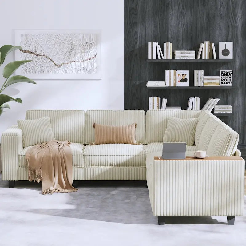 Oversized L-Shaped Corduroy Corner Couch with Armrest Storage