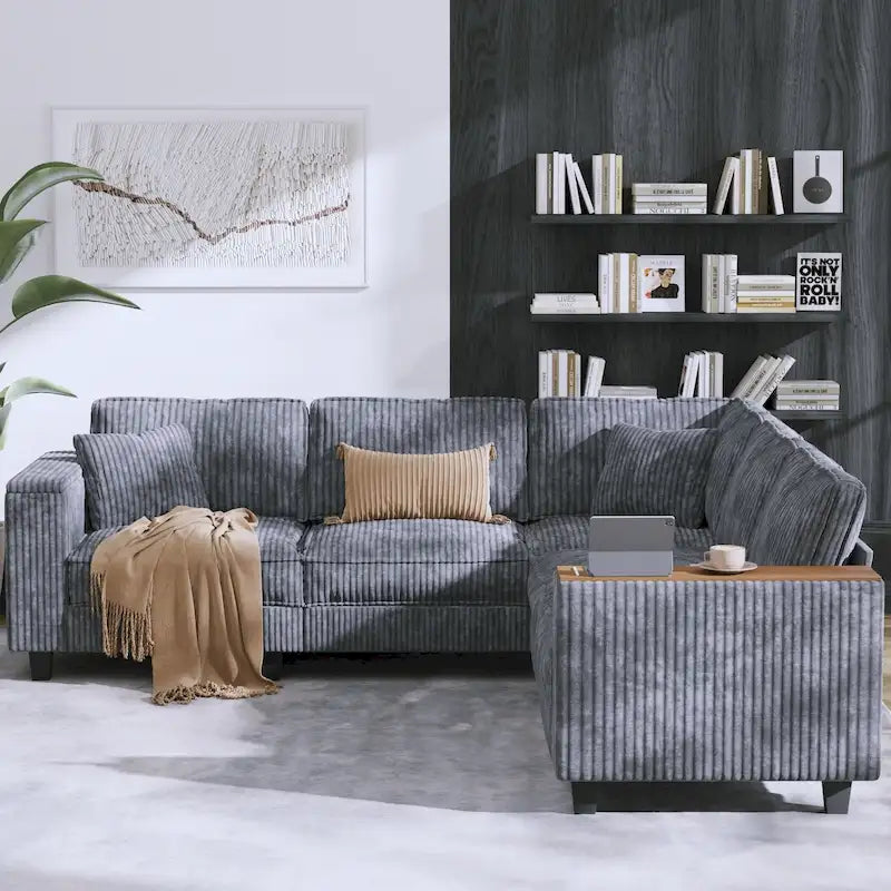 Oversized L-Shaped Corduroy Corner Couch with Armrest Storage