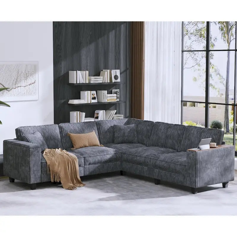 Oversized L-Shaped Corduroy Corner Couch with Armrest Storage