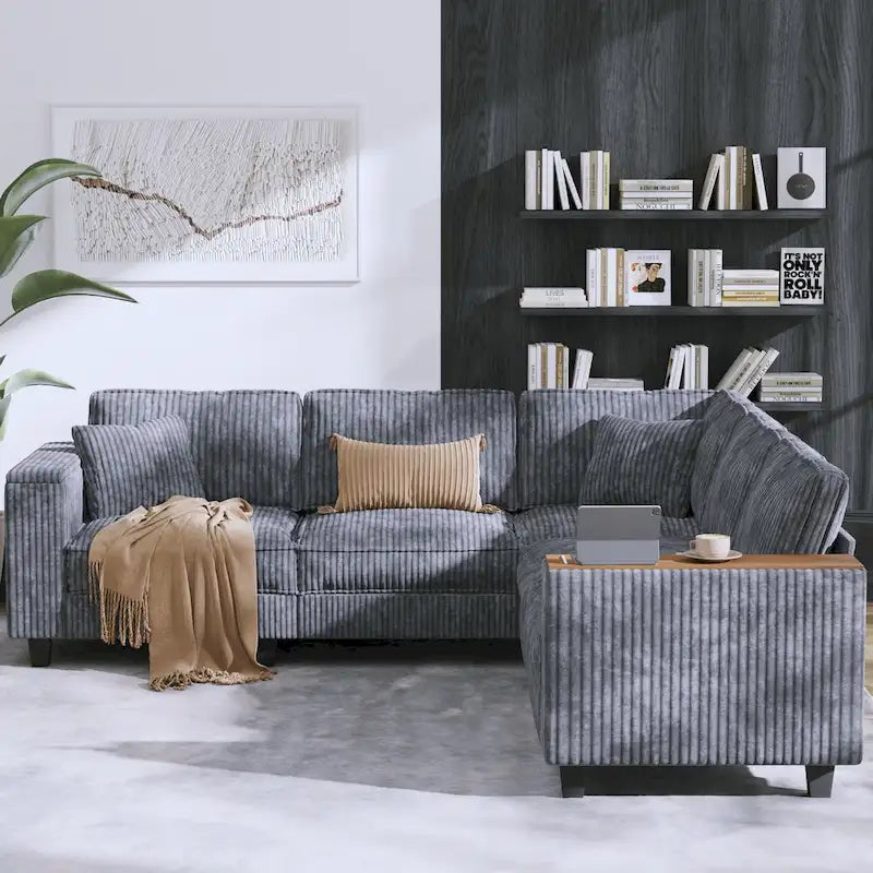 Oversized L-Shaped Corduroy Corner Couch with Armrest Storage