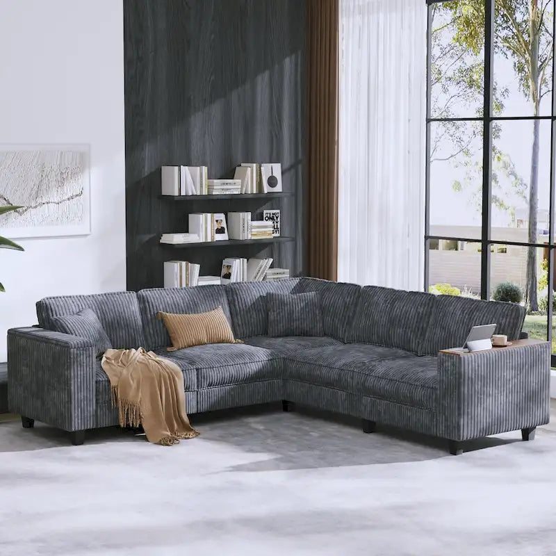 Oversized L-Shaped Corduroy Corner Couch with Armrest Storage