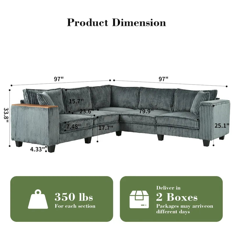 Oversized L-Shaped Corduroy Corner Couch with Armrest Storage