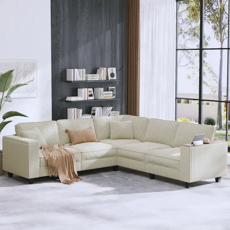 Oversized L-Shaped Corduroy Corner Couch with Armrest Storage