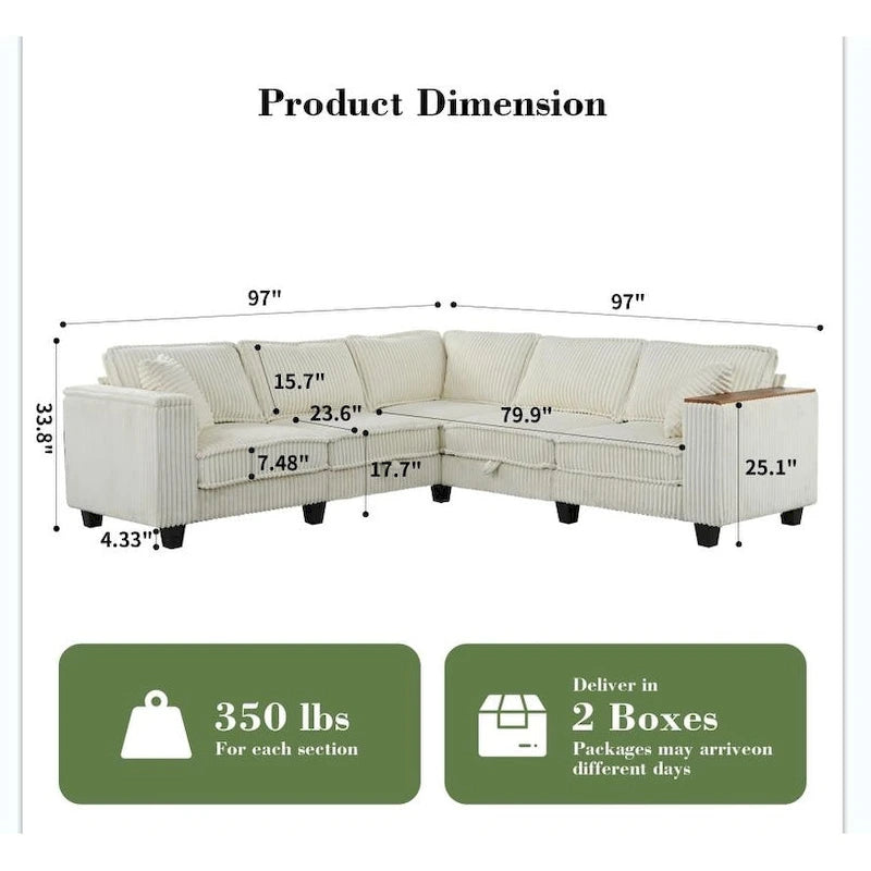 Oversized L-Shaped Corduroy Corner Couch with Armrest Storage