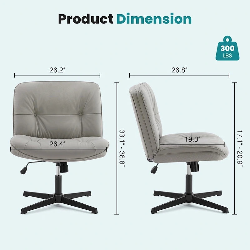 Criss Cross Legged Chair No Wheels Armless Wide Seat Adjustable Height Swivel Thick Padded PU Leather Comfortable Home Office
