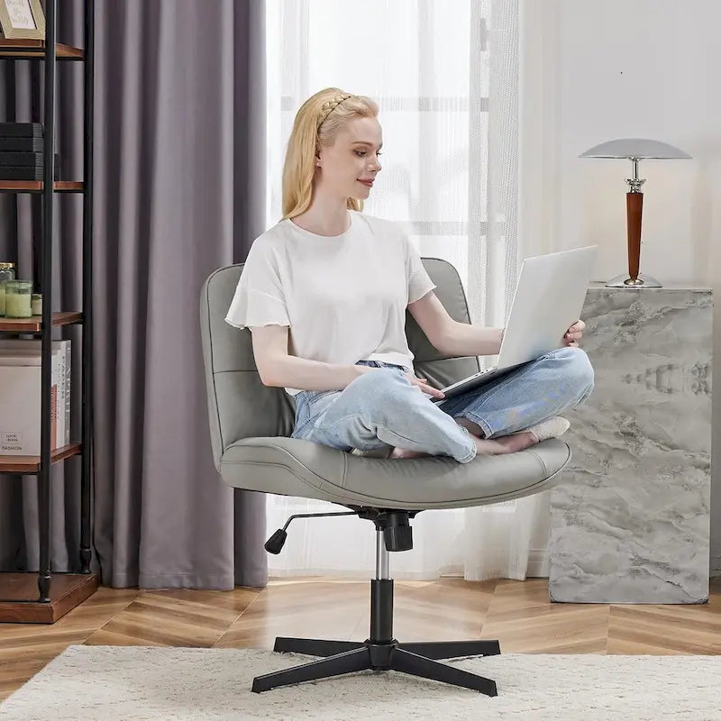 Criss Cross Legged Chair No Wheels Armless Wide Seat Adjustable Height Swivel Thick Padded PU Leather Comfortable Home Office