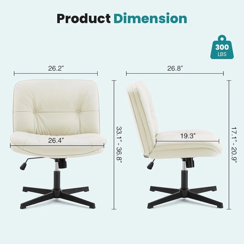Criss Cross Legged Chair No Wheels Armless Wide Seat Adjustable Height Swivel Thick Padded PU Leather Comfortable Home Office