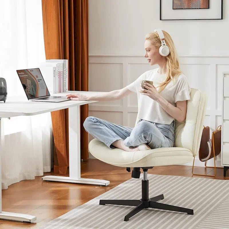 Criss Cross Legged Chair No Wheels Armless Wide Seat Adjustable Height Swivel Thick Padded PU Leather Comfortable Home Office
