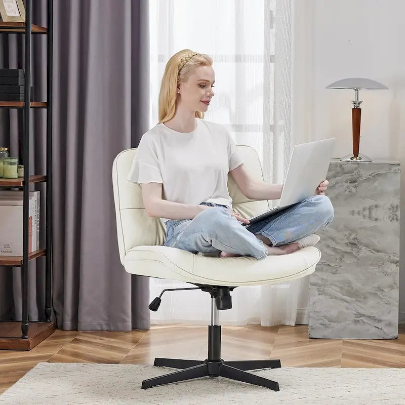 Criss Cross Legged Chair No Wheels Armless Wide Seat Adjustable Height Swivel Thick Padded PU Leather Comfortable Home Office