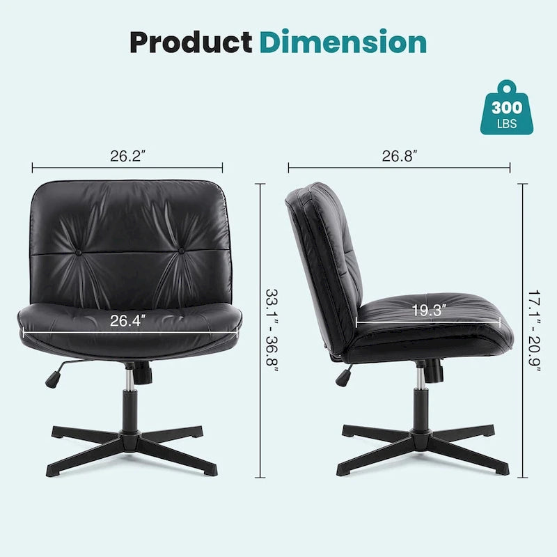 Criss Cross Legged Chair No Wheels Armless Wide Seat Adjustable Height Swivel Thick Padded PU Leather Comfortable Home Office