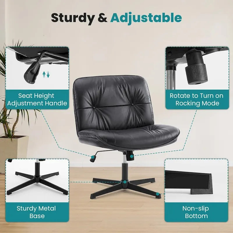 Criss Cross Legged Chair No Wheels Armless Wide Seat Adjustable Height Swivel Thick Padded PU Leather Comfortable Home Office