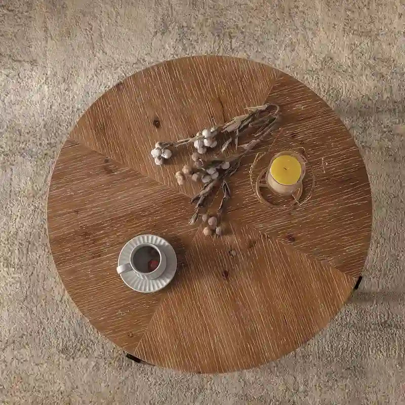 Modern Retro Stitching Round Coffee Table With Fir Wood Tabletop Black Cross Leg Base, for Living Room