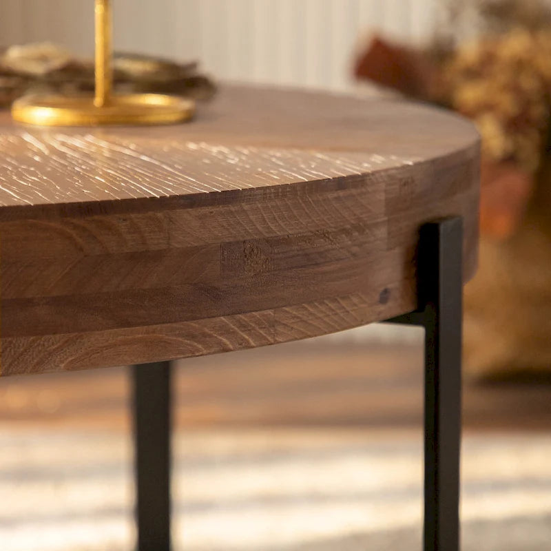 Modern Retro Stitching Round Coffee Table With Fir Wood Tabletop Black Cross Leg Base, for Living Room