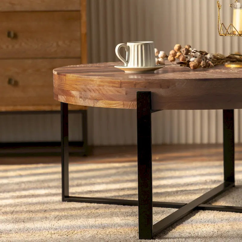Modern Retro Stitching Round Coffee Table With Fir Wood Tabletop Black Cross Leg Base, for Living Room