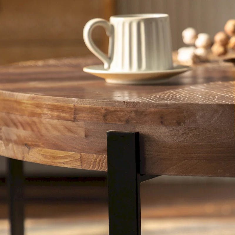 Modern Retro Stitching Round Coffee Table With Fir Wood Tabletop Black Cross Leg Base, for Living Room