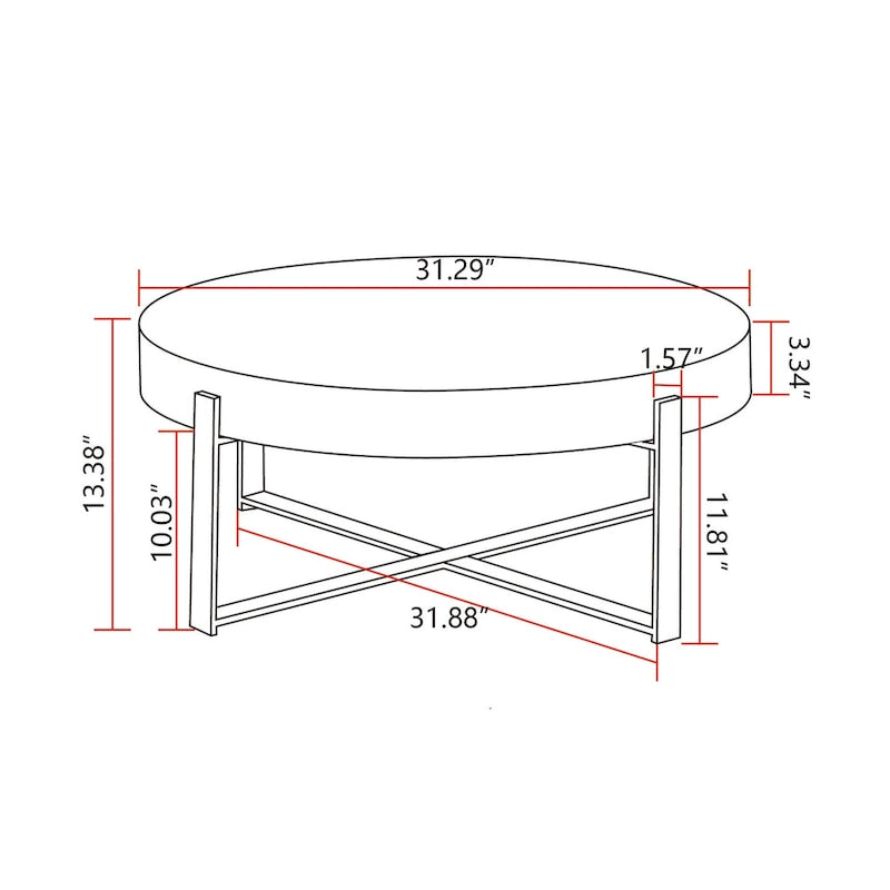 Modern Retro Stitching Round Coffee Table With Fir Wood Tabletop Black Cross Leg Base, for Living Room