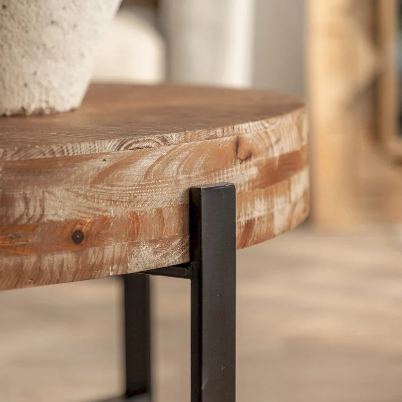 Modern Retro Stitching Round Coffee Table With Fir Wood Tabletop Black Cross Leg Base, for Living Room