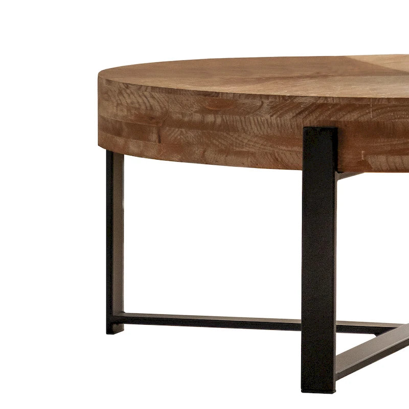 Modern Retro Stitching Round Coffee Table With Fir Wood Tabletop Black Cross Leg Base, for Living Room