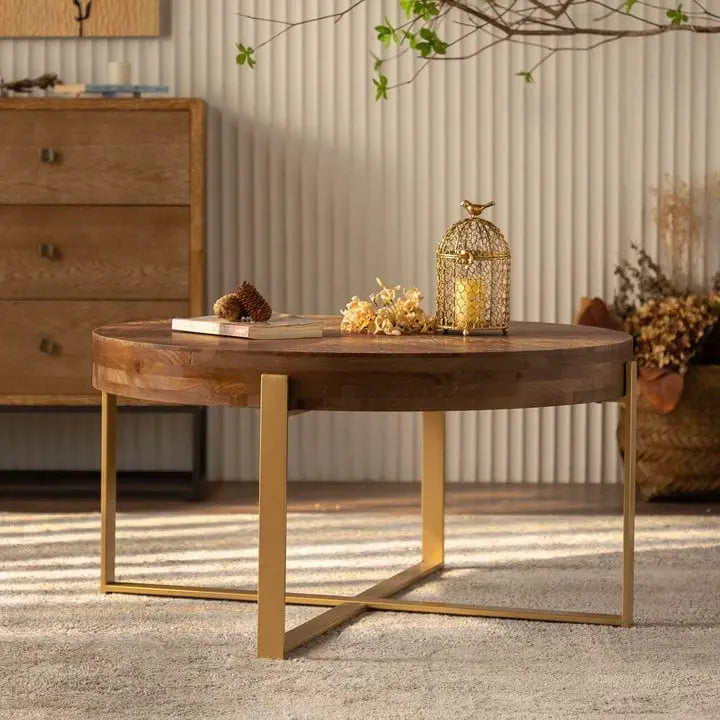 Modern Retro Stitching Round Coffee Table With Fir Wood Tabletop Black Cross Leg Base, for Living Room