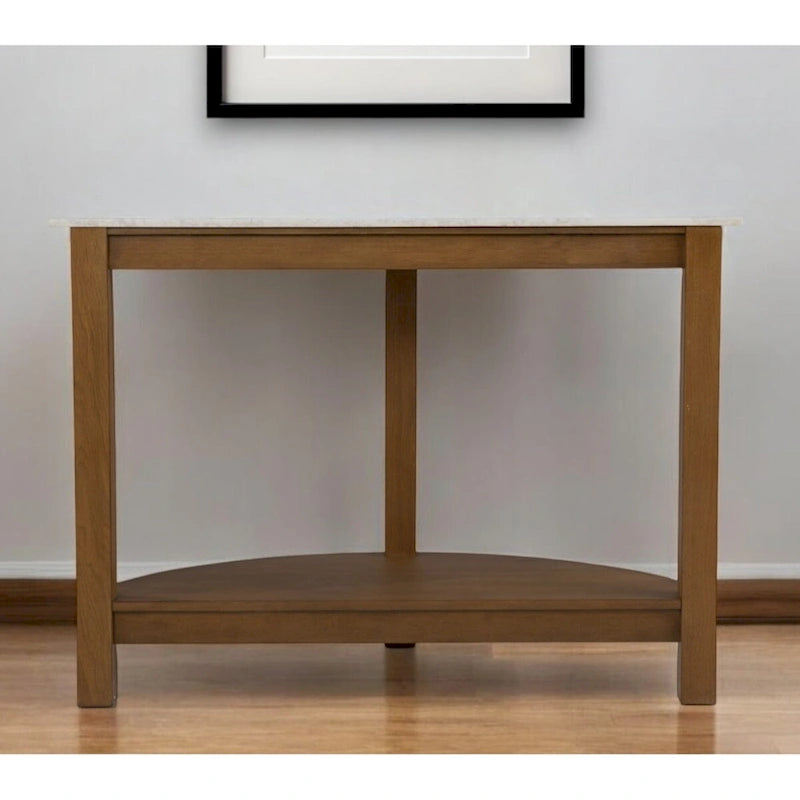 White Faux Marble Half Circle Console Table with Shelf and Wood Base - 41.75 L x 20 W x 30.25 H
