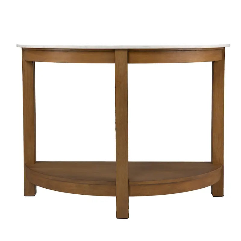 White Faux Marble Half Circle Console Table with Shelf and Wood Base - 41.75 L x 20 W x 30.25 H