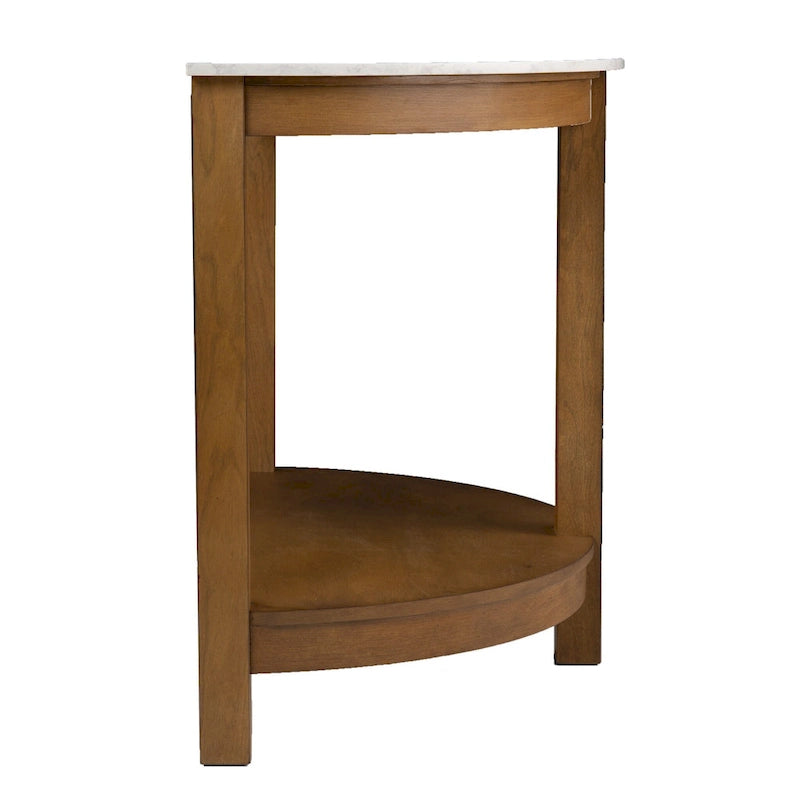 White Faux Marble Half Circle Console Table with Shelf and Wood Base - 41.75 L x 20 W x 30.25 H