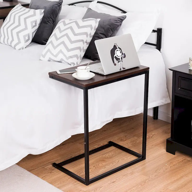 C-Shape Laptop Side Table with MDF Top and Metal Frame for Sofa or Bed