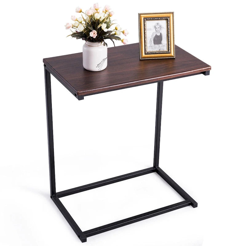 C-Shape Laptop Side Table with MDF Top and Metal Frame for Sofa or Bed