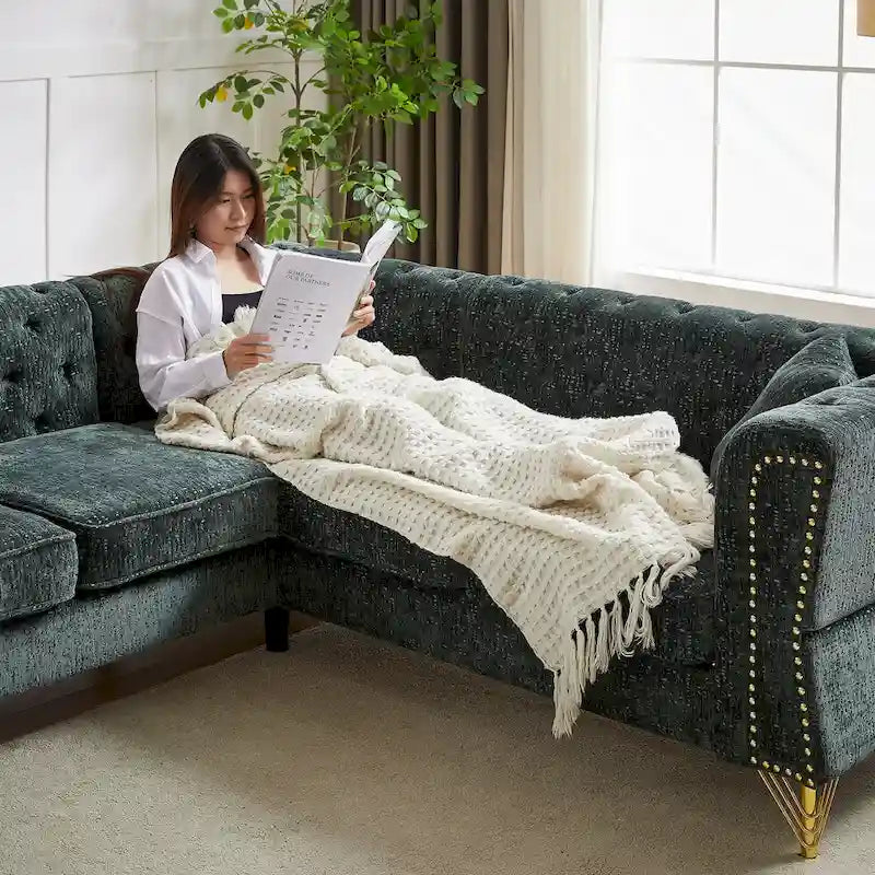 Green 81.5 Chenille L-Shaped 5-Seat Sofa
