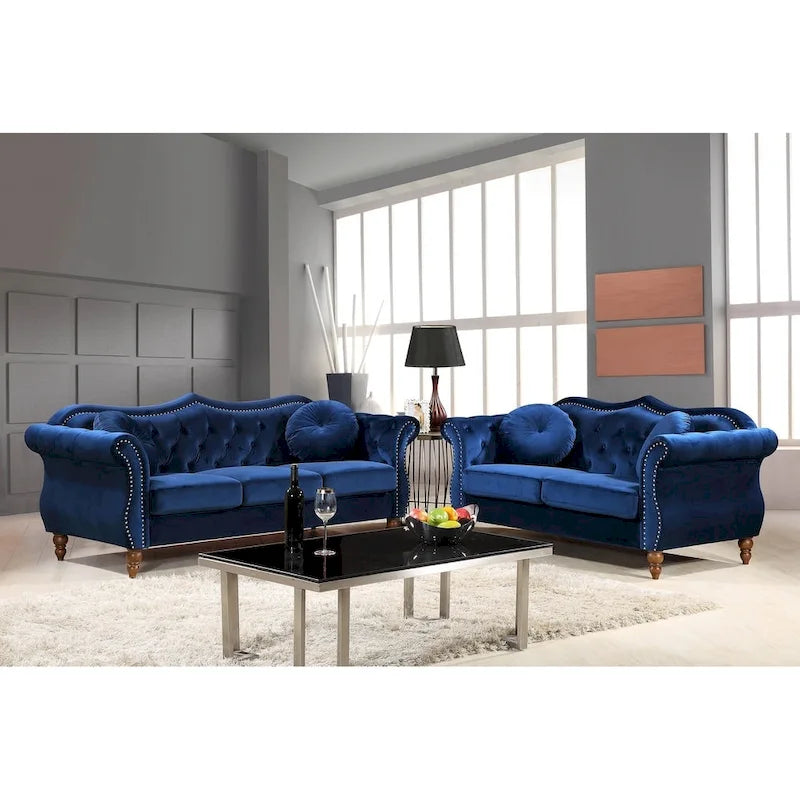 Mid-Century Chesterfield Sofa and Loveseat with Nailhead Trim and Crushed Blue Velvet