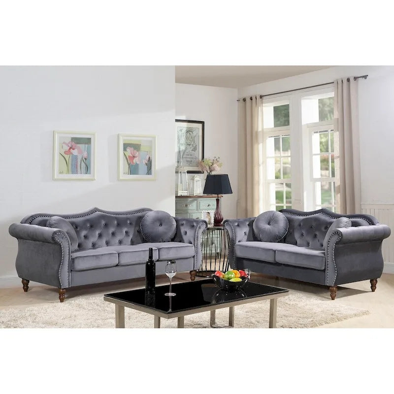 Mid-Century Chesterfield Sofa and Loveseat with Nailhead Trim and Crushed Blue Velvet