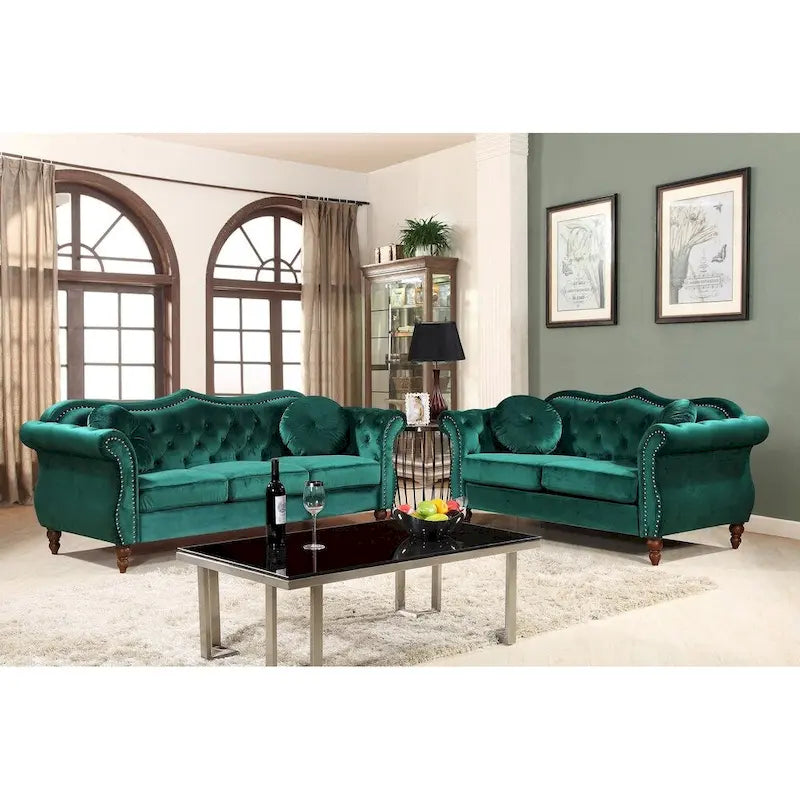 Mid-Century Chesterfield Sofa and Loveseat with Nailhead Trim and Crushed Blue Velvet