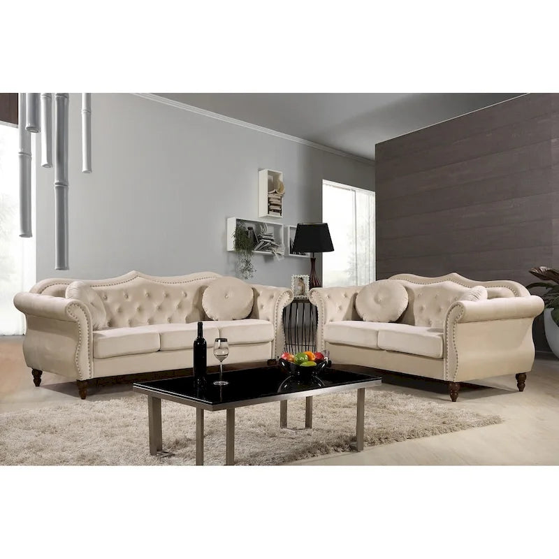 Mid-Century Chesterfield Sofa and Loveseat with Nailhead Trim and Crushed Blue Velvet