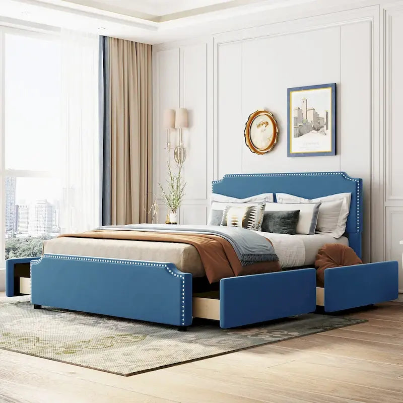 Upholstered Platform Bed with Stud Trim Headboard and Footboard and 4 Drawers No Box Spring Needed, Velvet Fabric