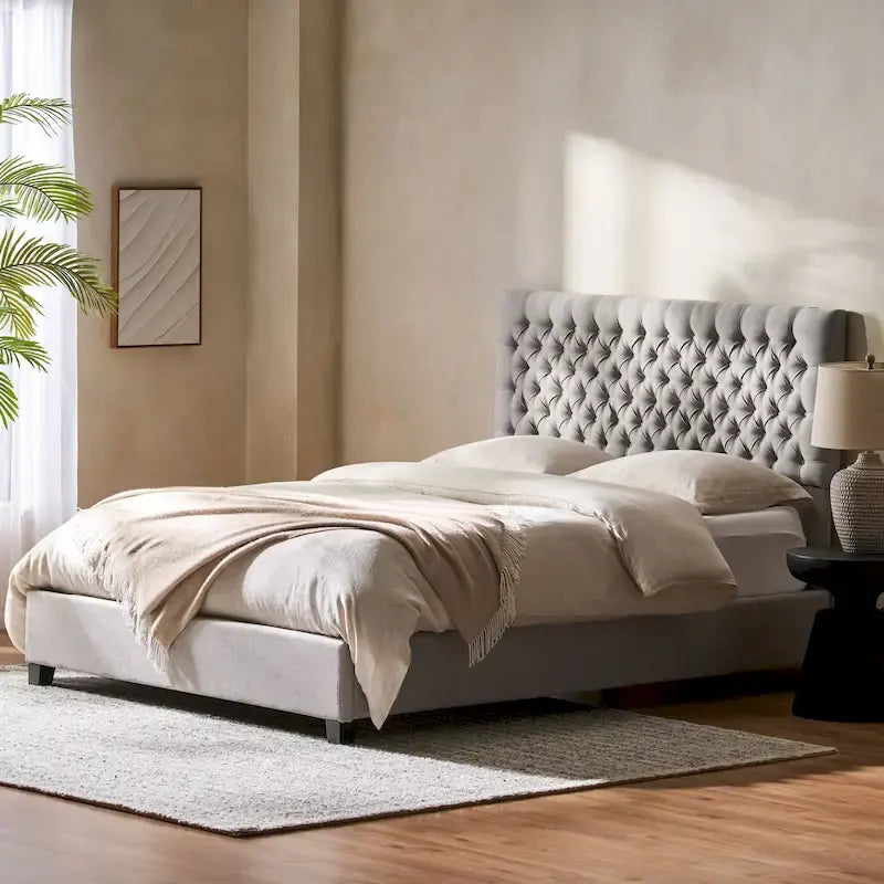 Queen Upholstered Tufted Bed with Padded Headboard and Solid Wood Frame