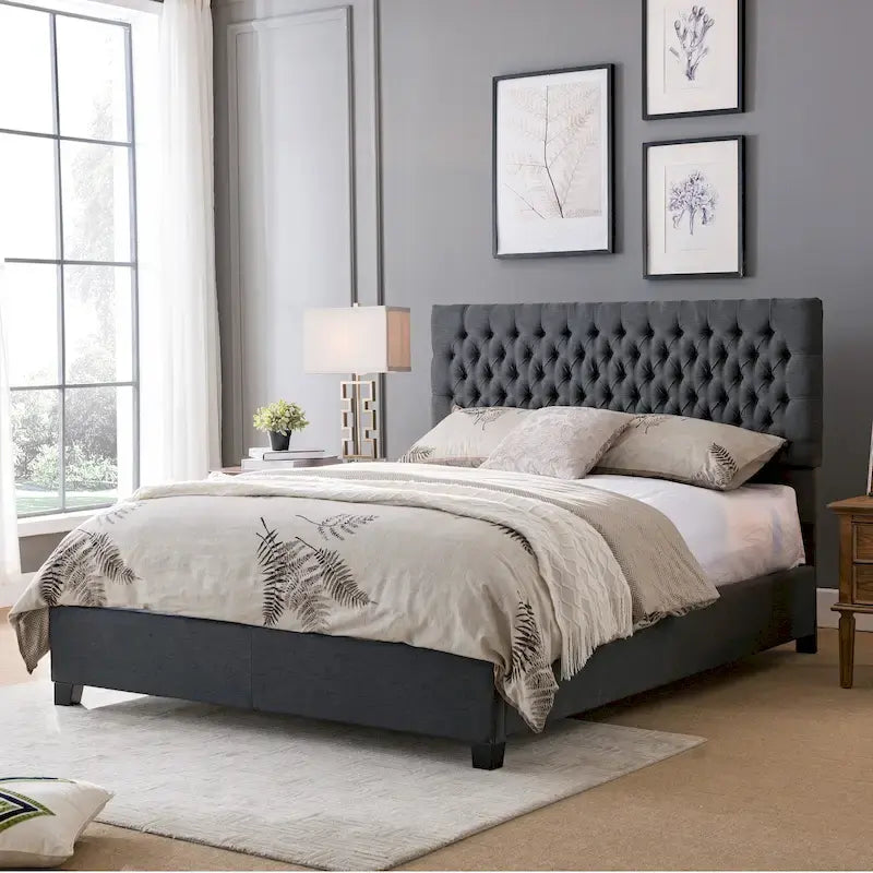 Queen Upholstered Tufted Bed with Padded Headboard and Solid Wood Frame