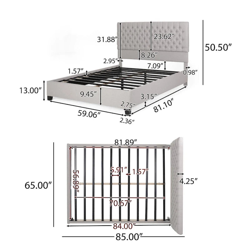 Queen Upholstered Tufted Bed with Padded Headboard and Solid Wood Frame