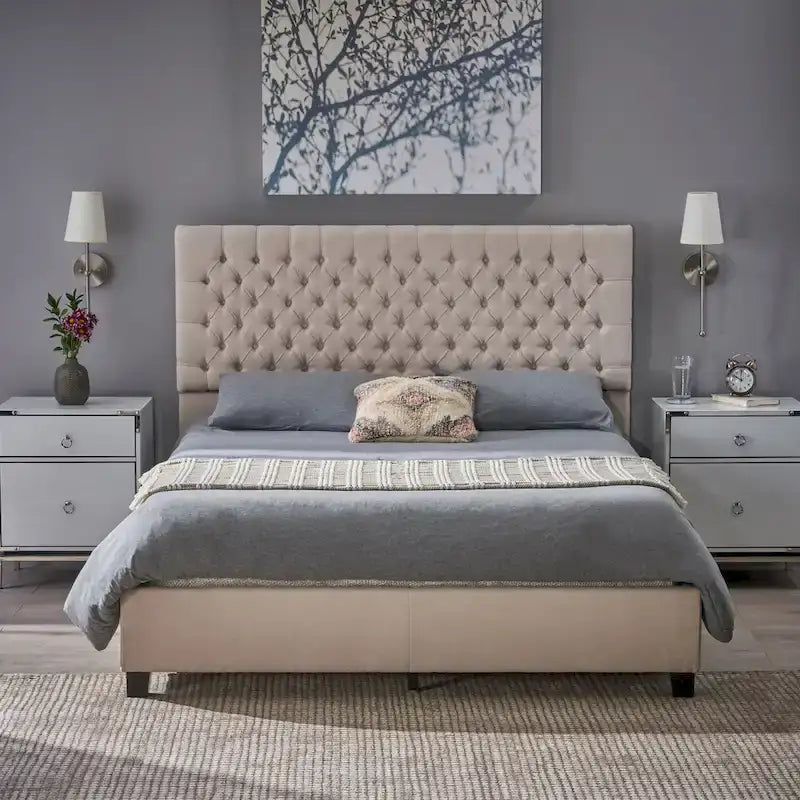 Queen Upholstered Tufted Bed with Padded Headboard and Solid Wood Frame