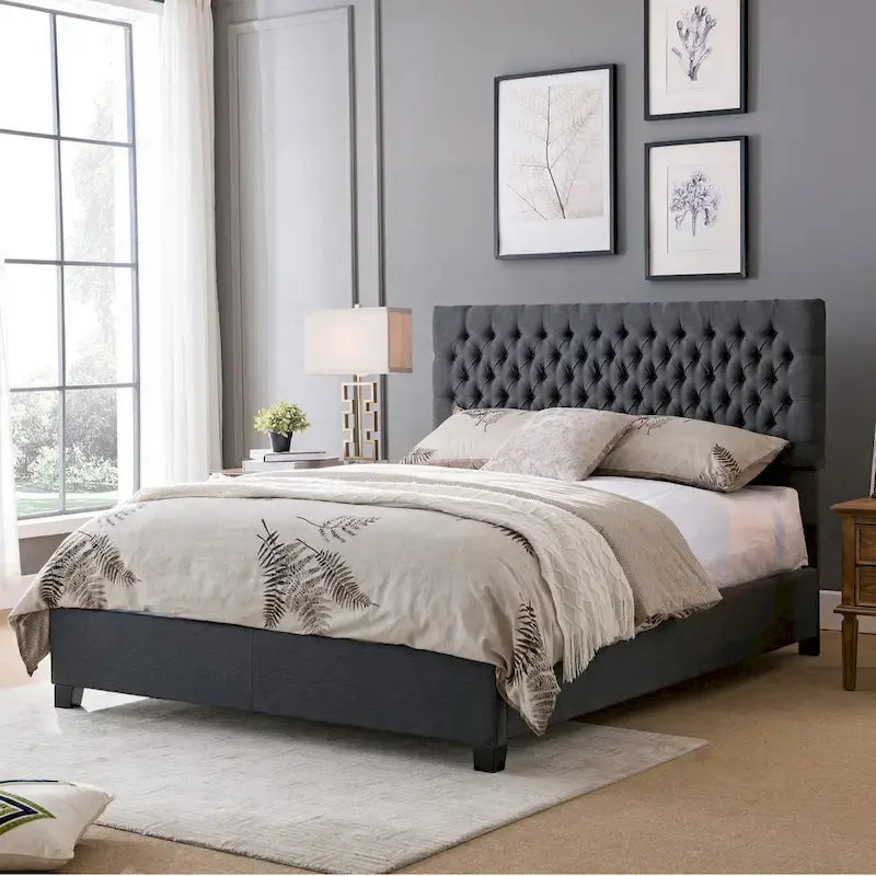 Queen Upholstered Tufted Bed with Padded Headboard and Solid Wood Frame